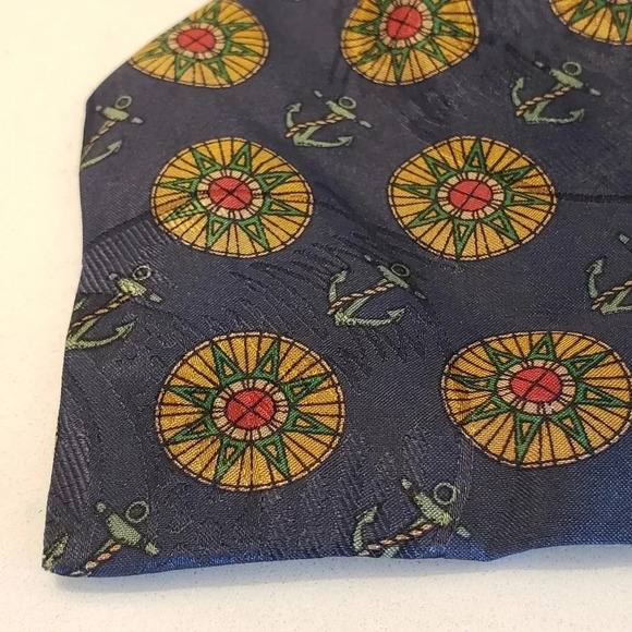Luca Castelli Silk Nautical  Theme Tie Navy Blue Green Anchors Compass - Picture 8 of 12